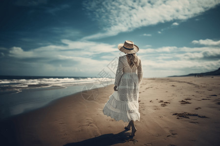美丽的女人海边散步背景图片