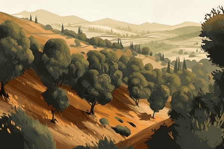 大树土壤橄榄树林插画