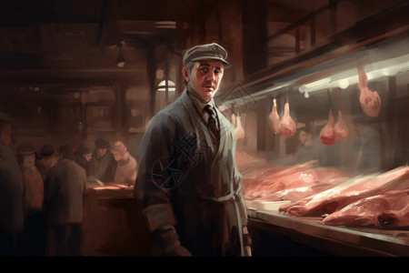 市场上卖肉摊的水彩插画图片
