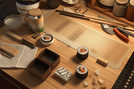日式木桌寿司制作过程插图插画