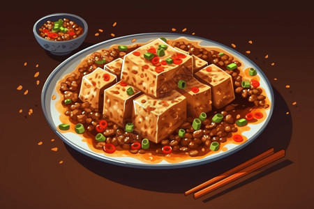 川味拌菜麻婆豆腐的特写插图插画