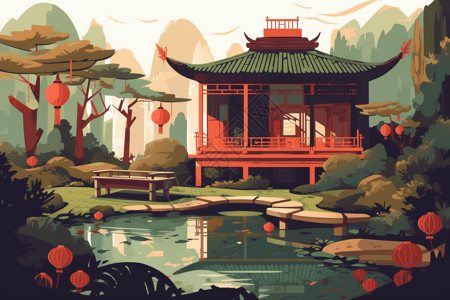 茶馆灯笼传统的中国茶馆平面插图插画