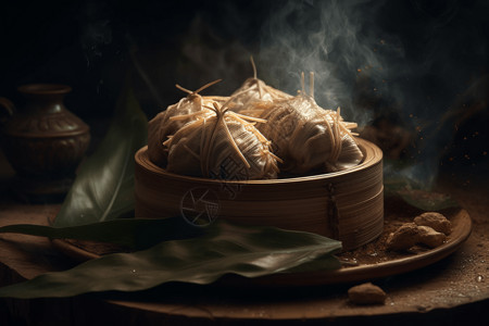 木碗粽子肉粽子的特写图背景