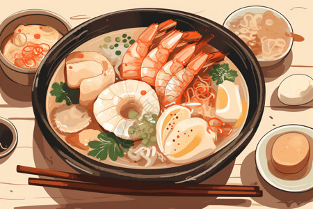 一盘蛤蜊热气腾腾的海鲜粥插画