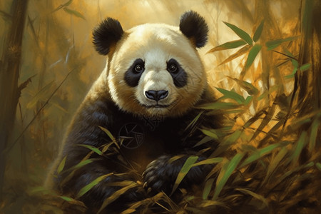 竹林中顽皮熊猫的油画背景图片