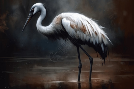 长腿鸟优美而宁静的鹤的油画插画