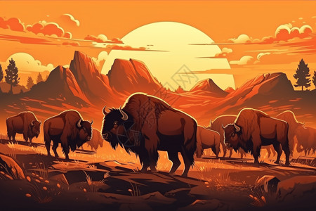 野牛群的插图背景图片