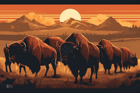 野牛群的水彩平面插图图片