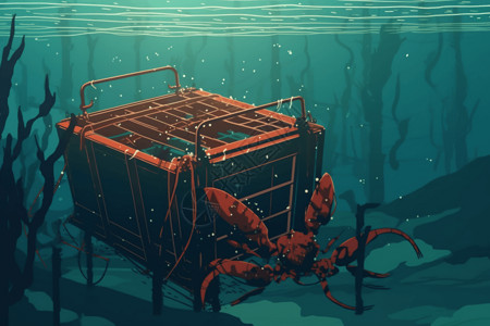 龙虾陷阱龙虾掉进海底中的陷阱插画