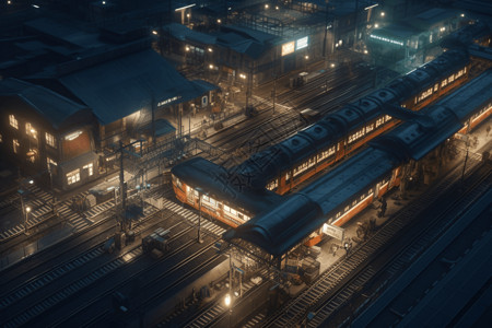 夜间繁华的火车站鸟瞰图图片