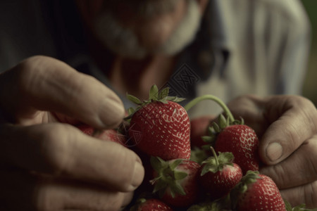 一名农民双手检查草莓是否有疾病或害虫的迹象图片