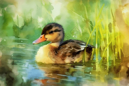 水彩画中的甜美小鸭背景图片