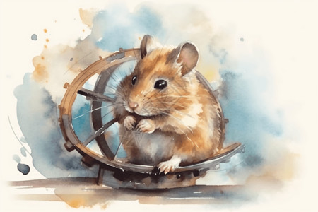 旋转轮子可爱的水彩仓鼠插画