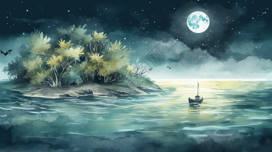 海岛夜景在湖面上漂泊的小船插画