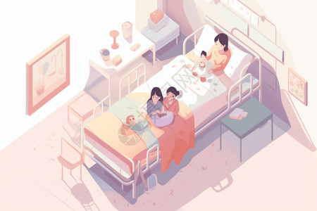 家庭病床躺在医院病床上的孩子插画