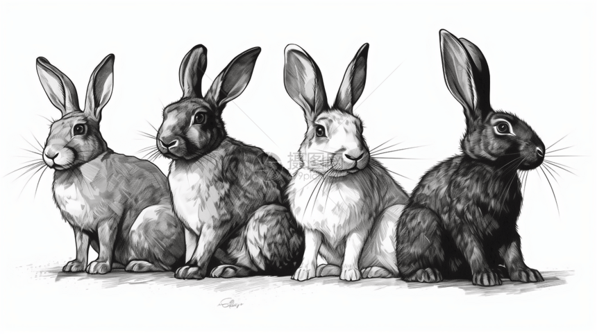 素描黑白兔子图片