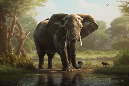 3D场景图大象站在水坑上场景图插画