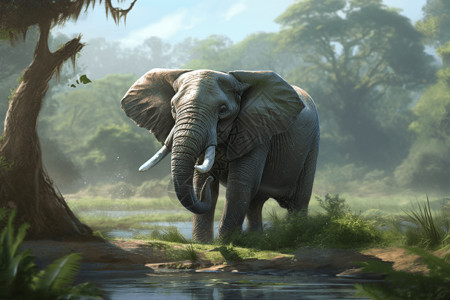 大象站在水坑上图片