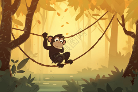 绳索摆动黑猩猩卡通插图插画