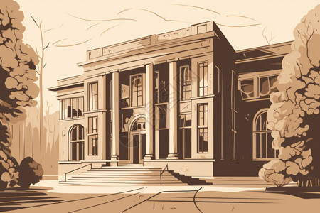 美术馆建筑的单色平面插图背景图片