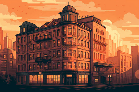 黄昏时建筑物的卡通平面插图背景图片