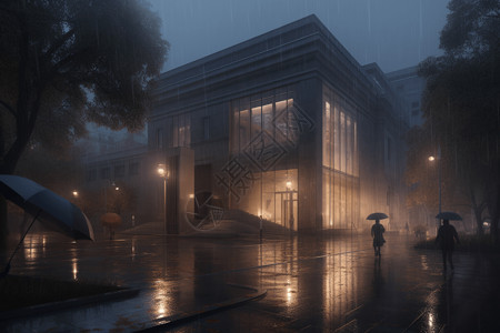 在雨天走路人博物馆在雨天的外观设计图片