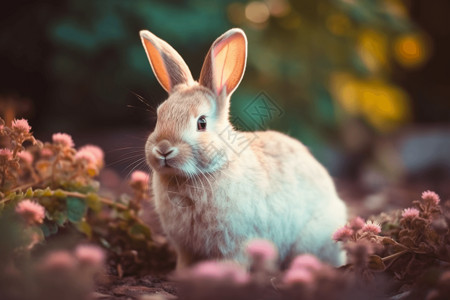 拿花朵小兔子兔子在花园里背景