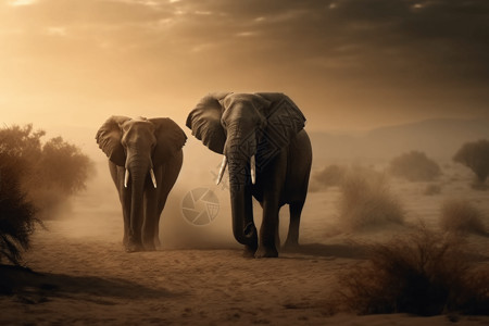 两头大象在草原上图片