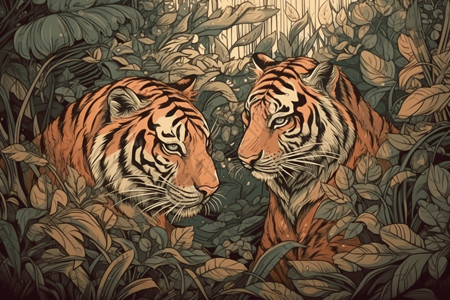丛林狩猎准备狩猎的老虎插画