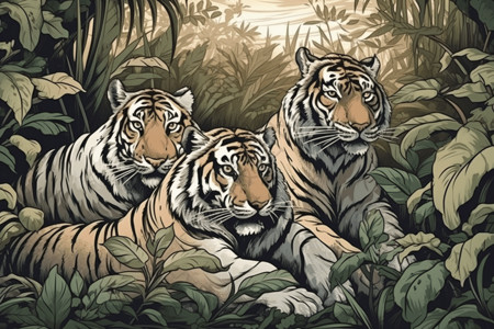 丛林里老虎丛林里的一群老虎插画