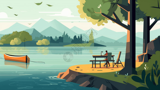 在桌山湖边一个人在静坐插画