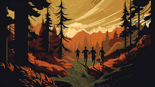 森林步道在森林里跑步的人插画
