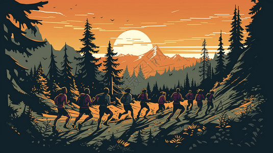 越野跑森林里跑步插画