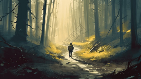 旅行者漫步在森林里图片