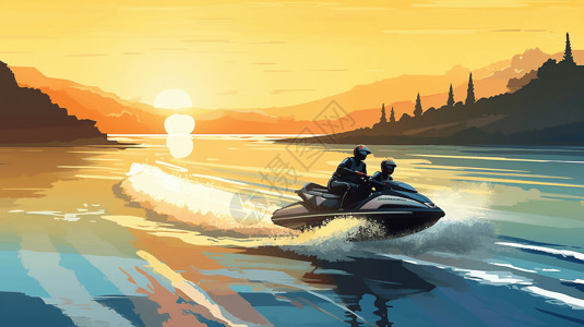 喷气滑水船湖上快乐的水上运动插画