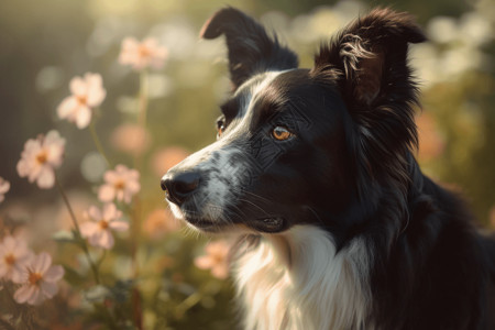 花丛里的边境牧羊犬图片