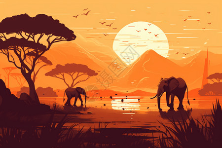 非洲草原素材非洲草原河边的大象插画