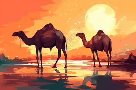 绿洲里的骆驼背景图片
