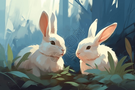绿叶上的白兔背景图片