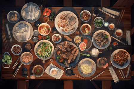 外国食物素材餐桌上的外国美食插画