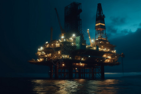 夜晚海上石油开采平台图片