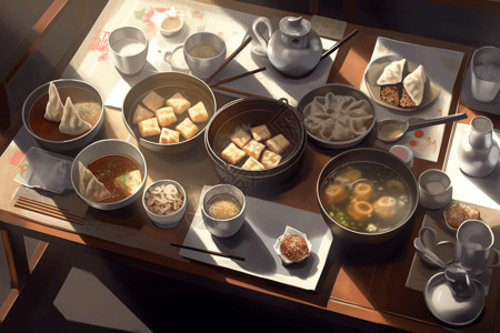 混沌汤中国餐馆里的早餐插画