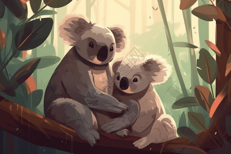 树林里的考拉母子插画