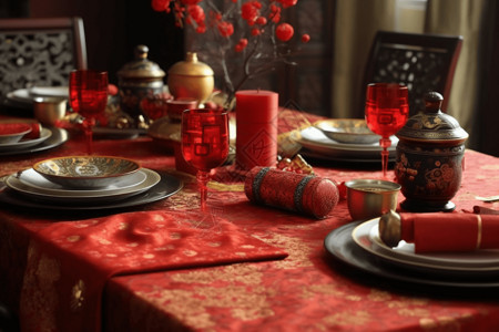 红色喜庆的餐桌图片