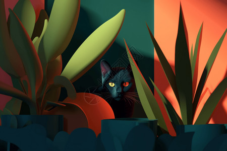 植物后的黑色猫咪背景图片