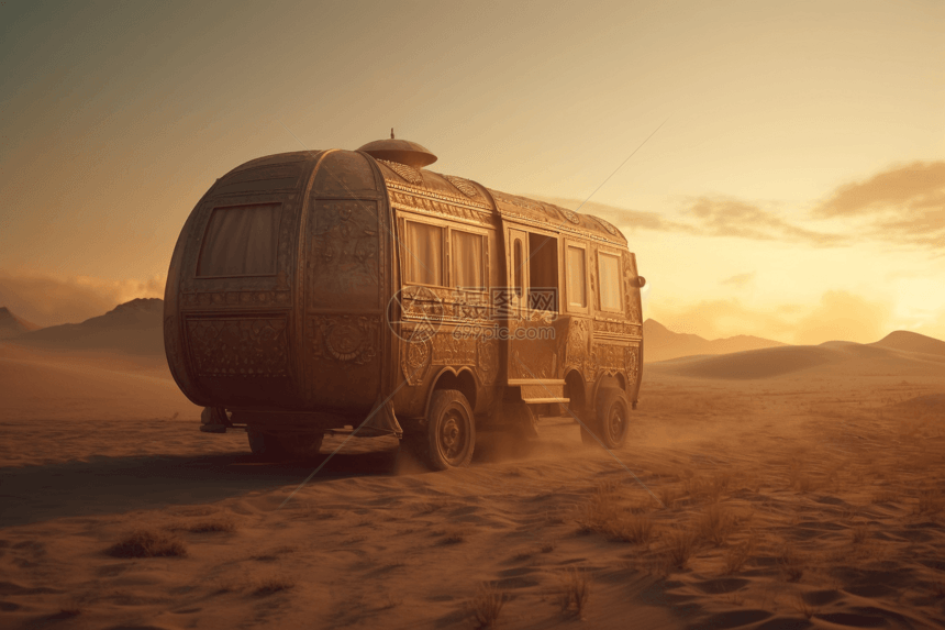 荒漠里的旅行车图片