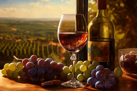 红色葡萄园葡萄园中酒杯设计图片