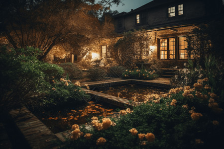 夜景园林博物馆花园的宁静景色设计图片
