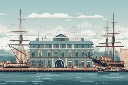 帆船平面素材海事博物馆展示了历史上的船只和锚插画