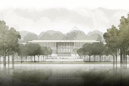 对称性公园里的美术馆大楼铅笔淡彩效果图插画